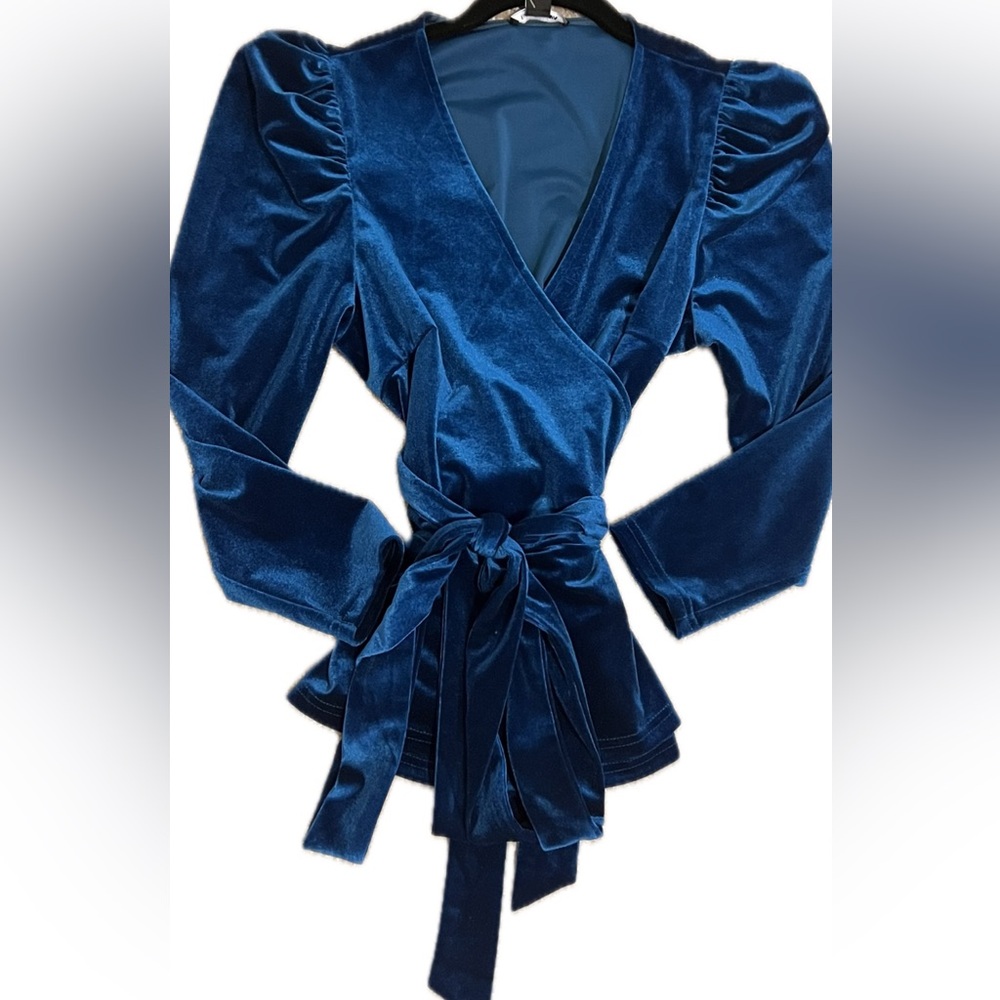 Elegant Blue Velvet Wrap Top